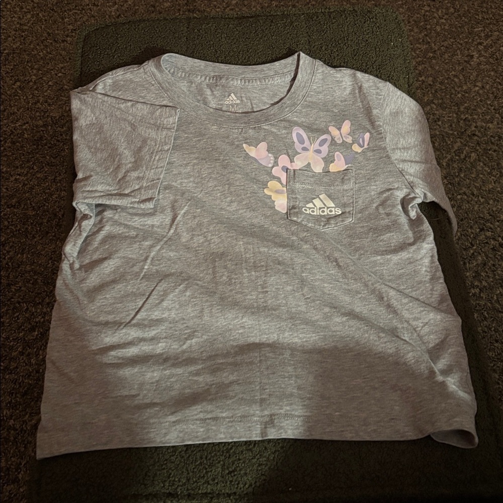 Adidas Heather Gray Tee with Pastel Butterfly Accents